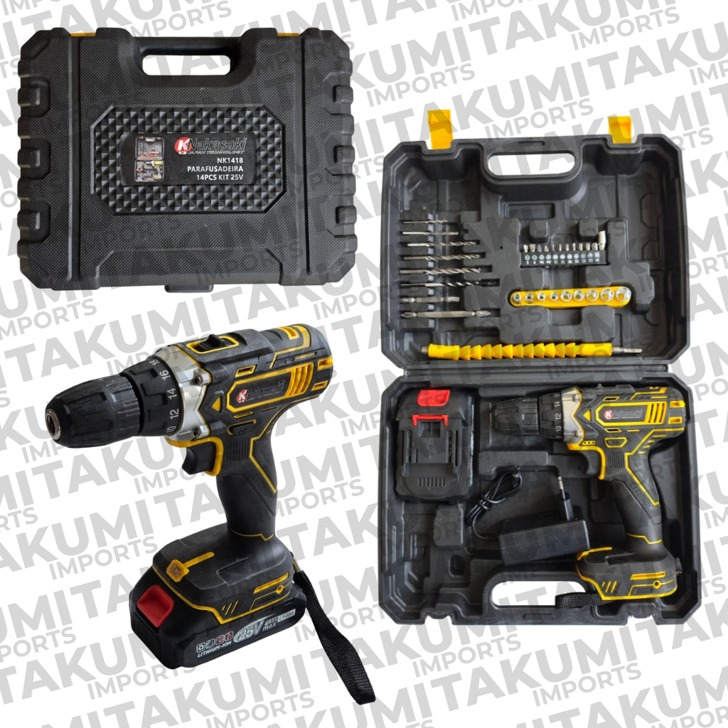 PARAFUSADEIRA / FURADEIRA SEM FIO 25V COM MALETA E KIT 30 PEÇAS NK1418