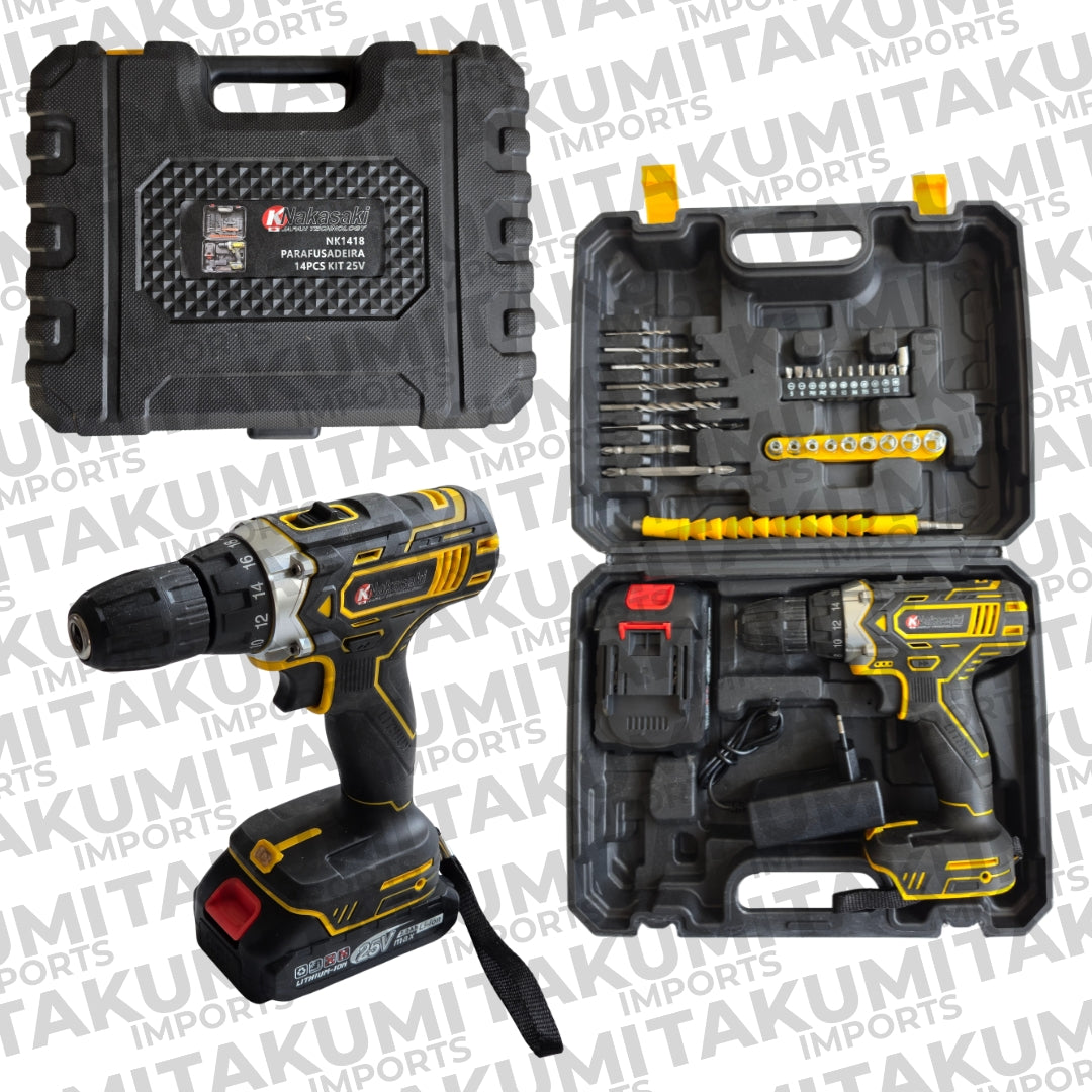 PARAFUSADEIRA / FURADEIRA SEM FIO 25V COM MALETA E KIT 30 PEÇAS NK1418