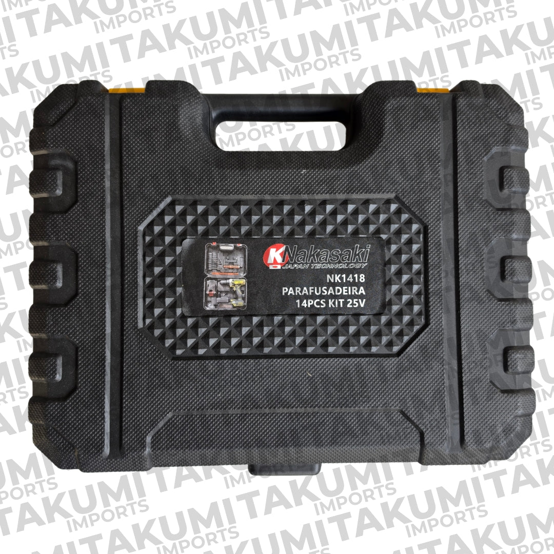 PARAFUSADEIRA / FURADEIRA SEM FIO 25V COM MALETA E KIT 30 PEÇAS NK1418
