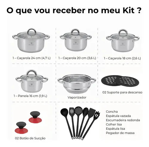 JOGO DE PANELAS 19 PEÇAS INOX GENEBRA