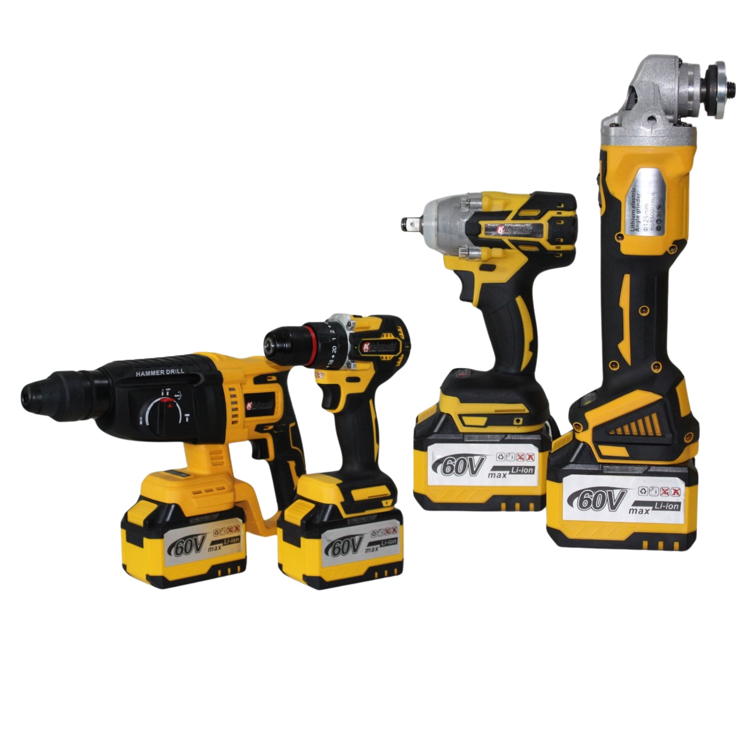 KIT 4 EM 1 A BATERIA 60V AMARELO ESMERILHADEIRA/FURADEIRA/DESPARAF E MART DW25504