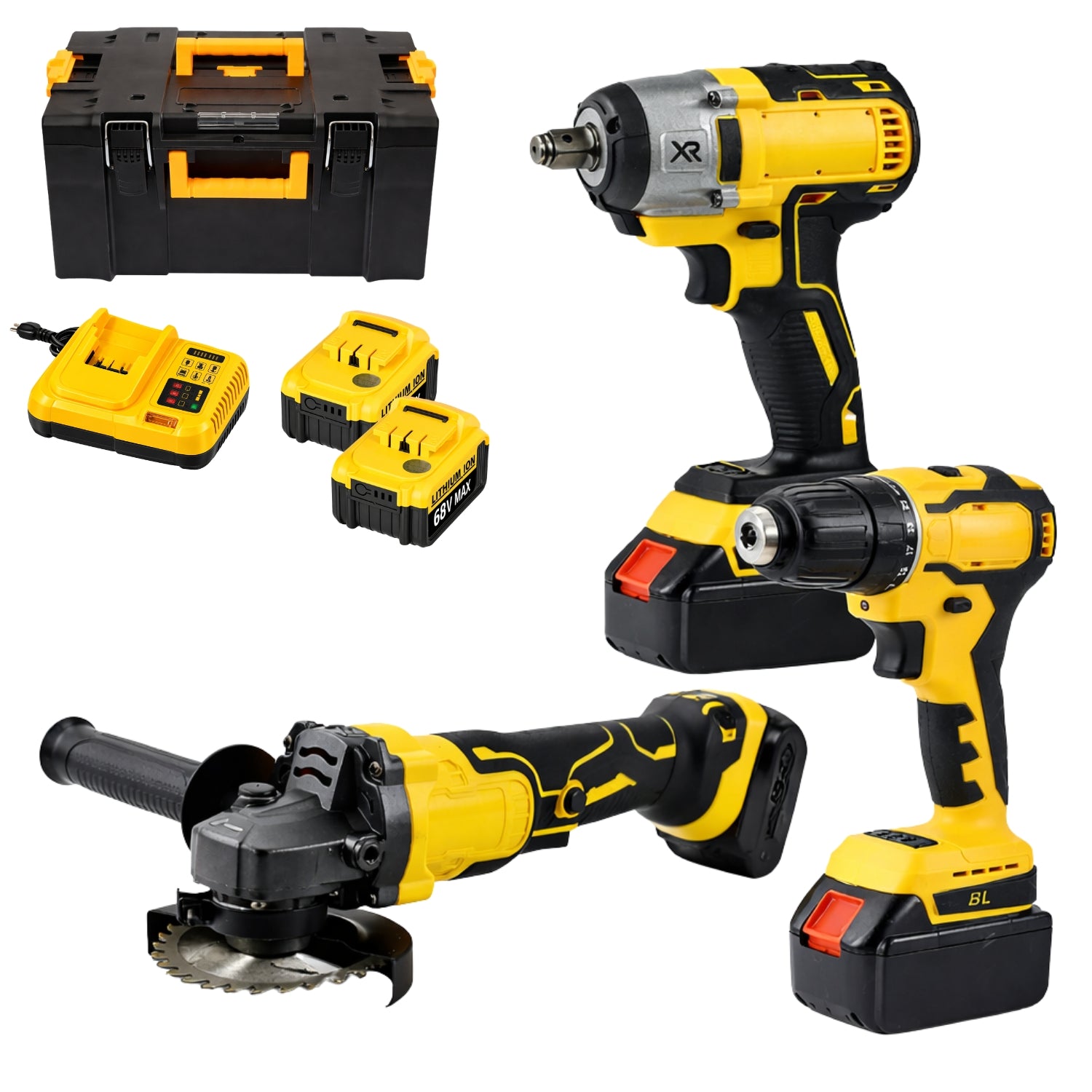 KIT 3 EM 1 ESMERILHADEIRA PARAFUSADEIRA E CHAVE DE IMPACTO A BATERIA 68V DW-7003